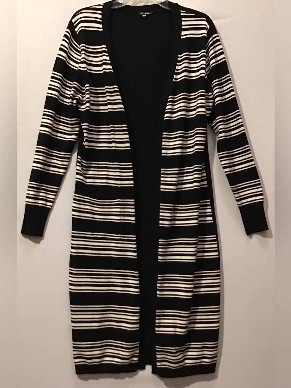 502 Milano Black & White Striped Long Open-Front Cardigan